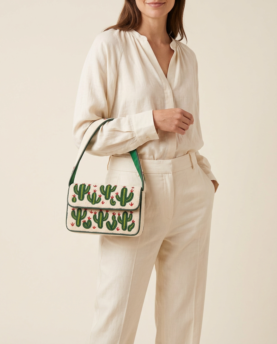 The Desert Muse worn with a neutral outfit, its approved cactus beadwork and green-edged strap visible
