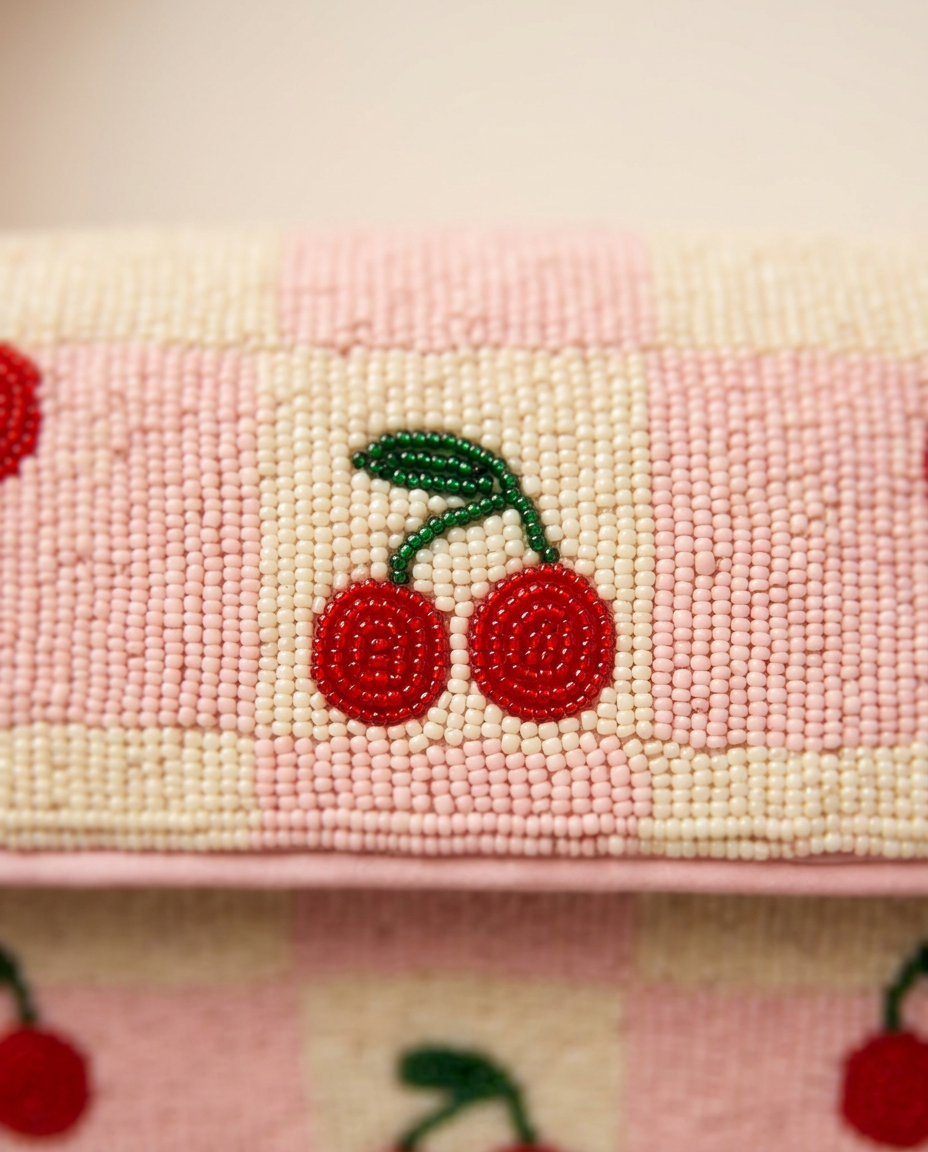Close-up of The Cerise's pink and ivory glass beads and red cherry motif